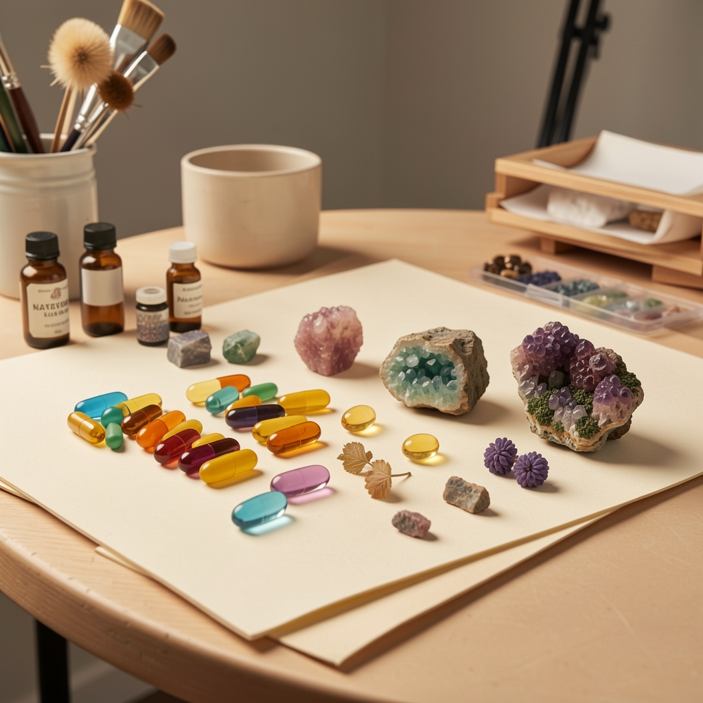 Natural vitamin capsules and botanical mineral specimens arranged on a warm cream work surface in an organised Jakarta studio workspace under controlled lighting