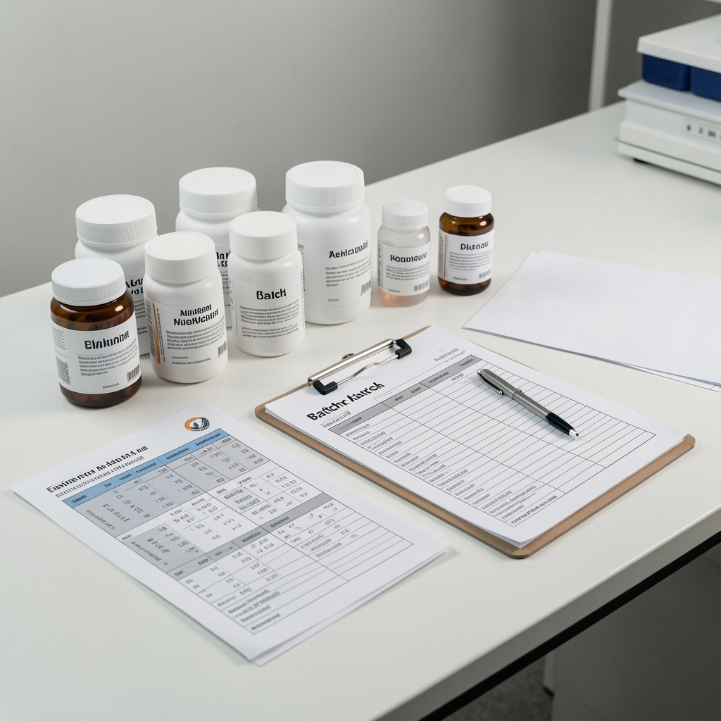 Quality-control workbench with labelled supplement containers, a clipboard of batch records, and elemental composition printouts spread across a clean surface in a Jakarta studio