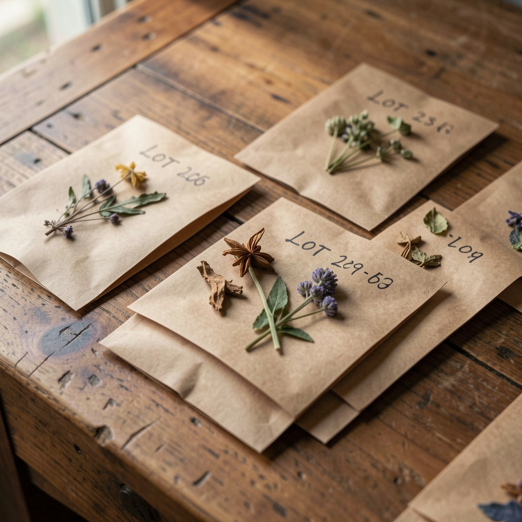 Close-up of botanical raw material specimens in small kraft paper envelopes on a wooden table with handwritten lot codes, natural daylight, Jakarta