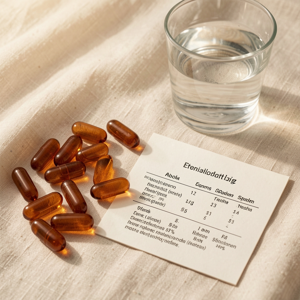 Close-up of amber capsules arranged on a warm cream linen surface with a glass of water and a botanical specimen card showing elemental composition data