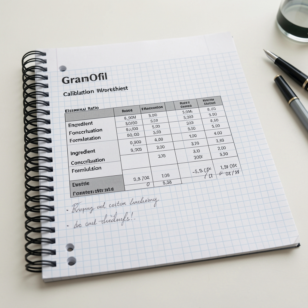 Granofil formulation calibration worksheet with elemental ratio tables, ingredient concentration figures, and handwritten margin notes on graph paper in a clean workspace