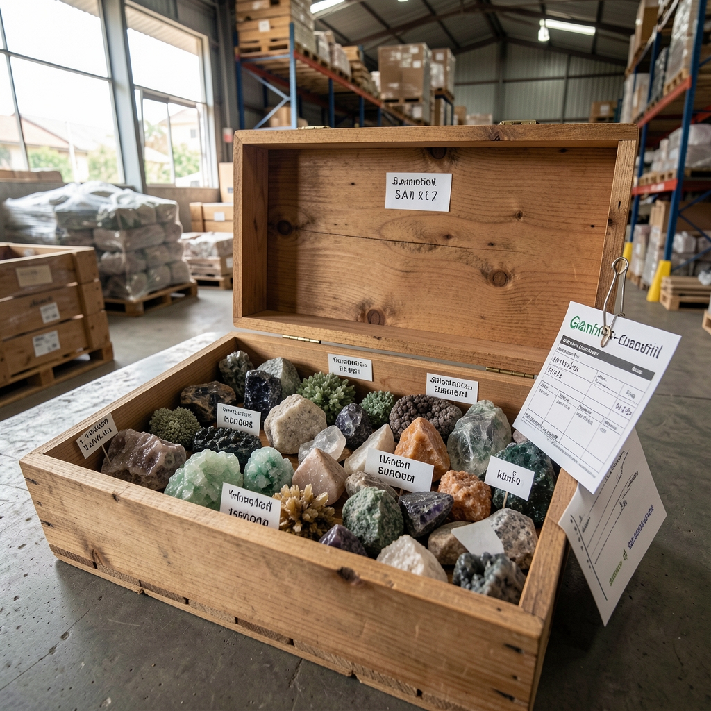 Open wooden crate of raw botanical mineral specimens with supplier origin labels and a Granofil chain-of-custody tracking sheet clipped to the side, photographed in a Jakarta warehouse under natural light
