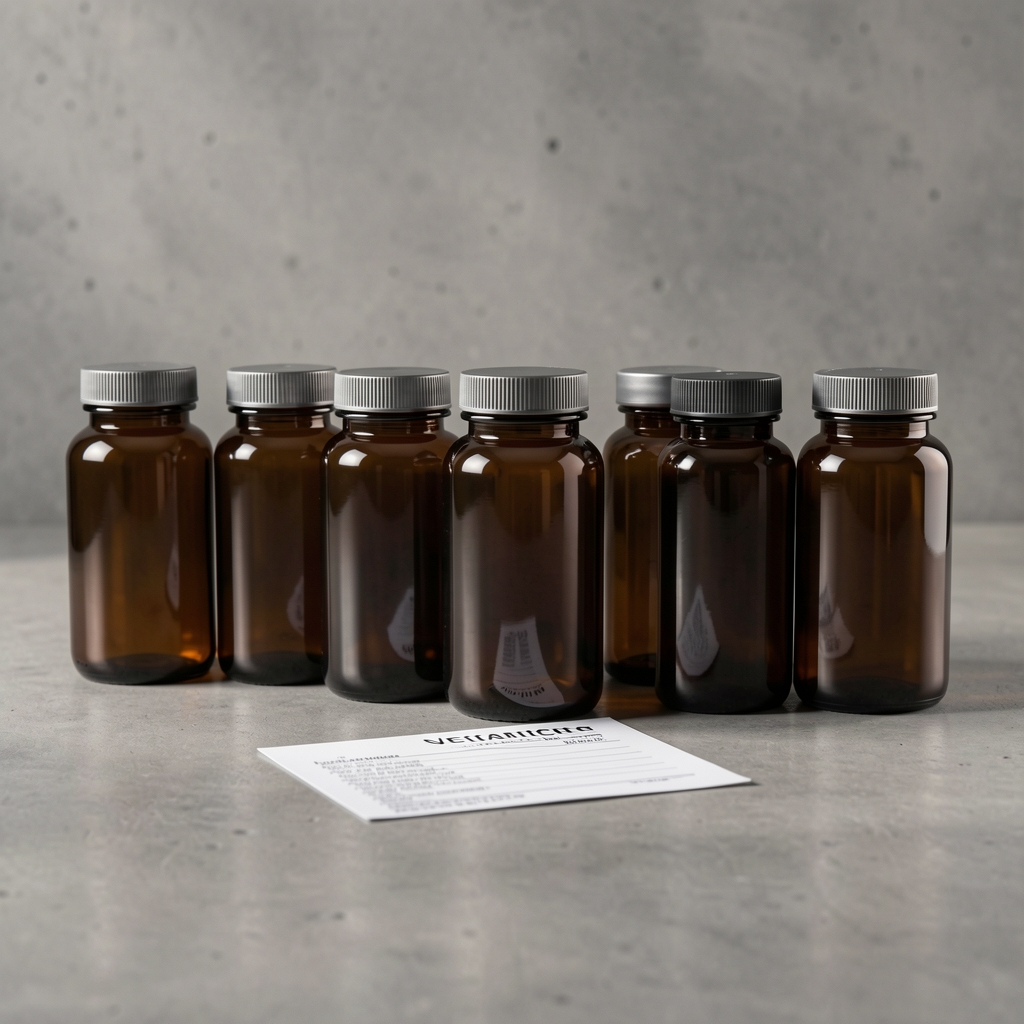 Row of dark amber supplement bottles on a polished concrete surface under studio lighting with a batch verification card