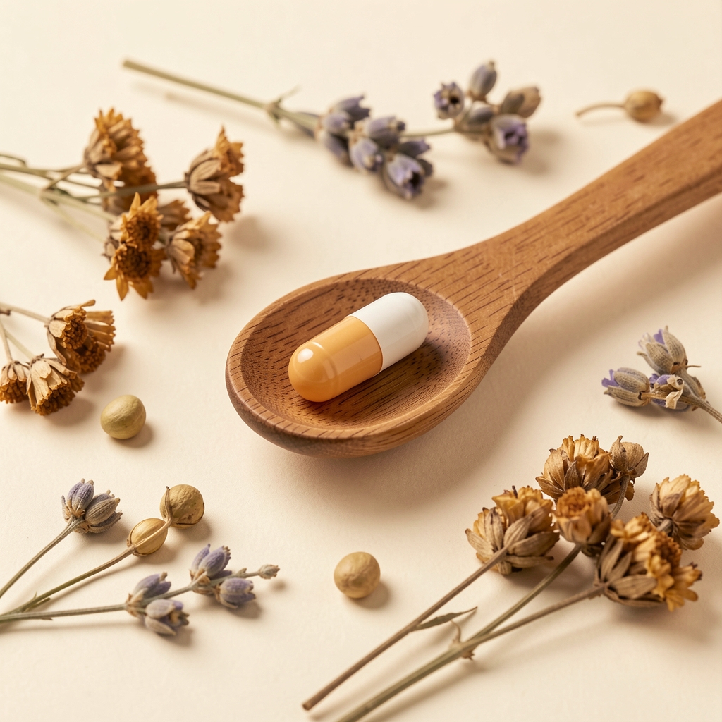 Single supplement capsule balanced on a wooden measuring spoon surrounded by dried botanical specimens on a cream background