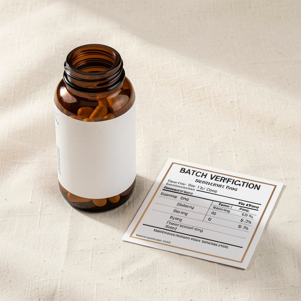 Amber glass supplement bottle with Granofil Daily Mineral Complex label resting on a cream linen surface alongside a batch verification card under studio lighting