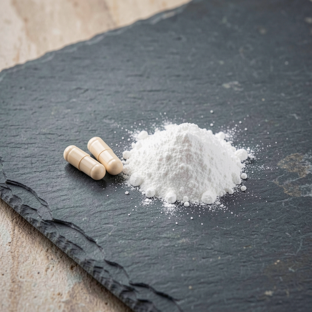 Two supplement capsules beside a small mound of fine white zinc and magnesium powder on a stone slate surface with a printed elemental analysis label