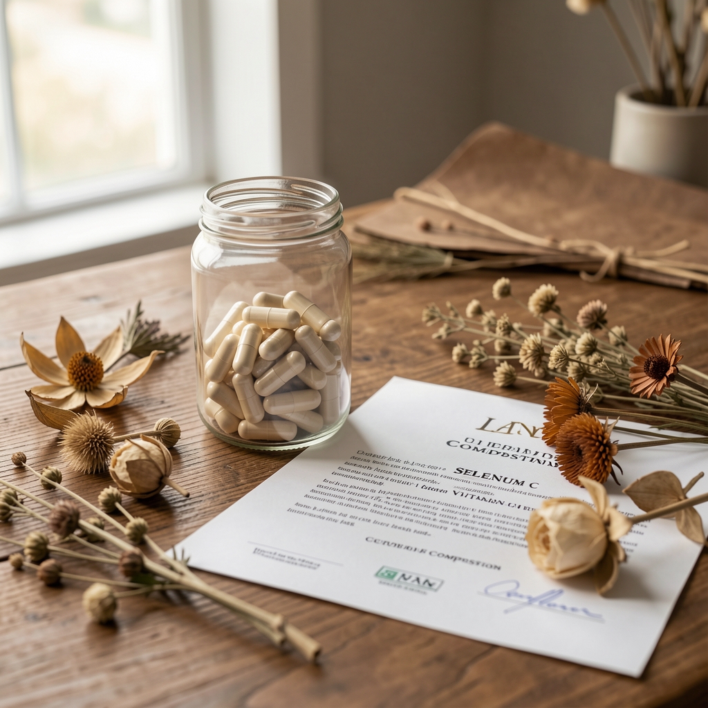 Glass jar of selenium and Vitamin C supplement capsules surrounded by botanical dried specimens and a certificate of composition document on a wooden desk
